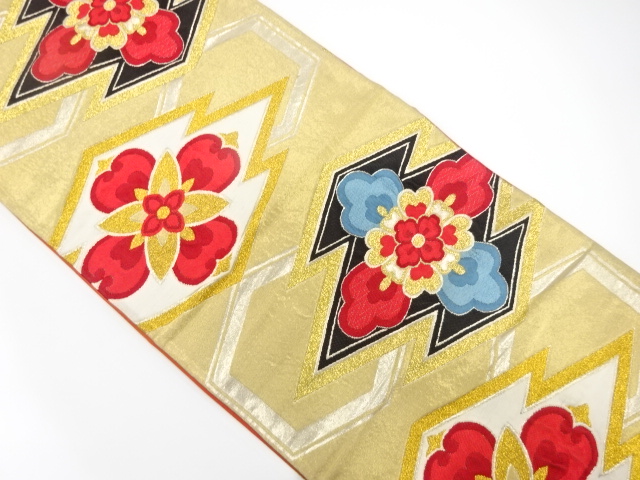JAPANESE KIMONO / ANTIQUE FUKURO OBI / SILK / WOVEN MATSUKAWABISHI & FLOWERS